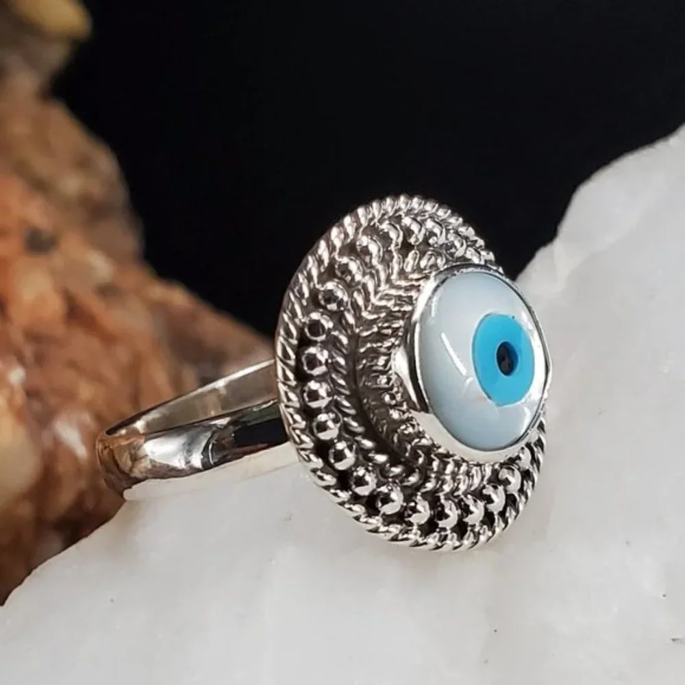 Sterling Silver Ring 925 Evil Eye Protective Designer Mother Of Pearl